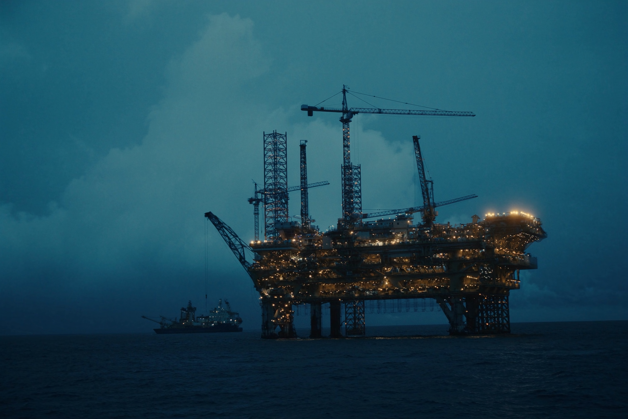 Plateforme pétrolière offshore illuminée à l'heure bleue au large de Pointe-Noire — connectée par Konnect